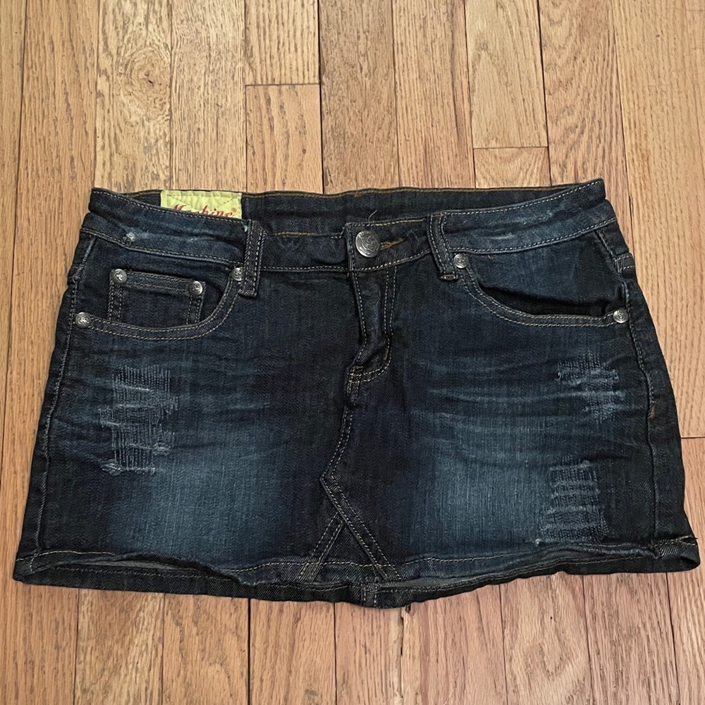 Machine Distressed Very Dark Blue Stretch Mini Skirt